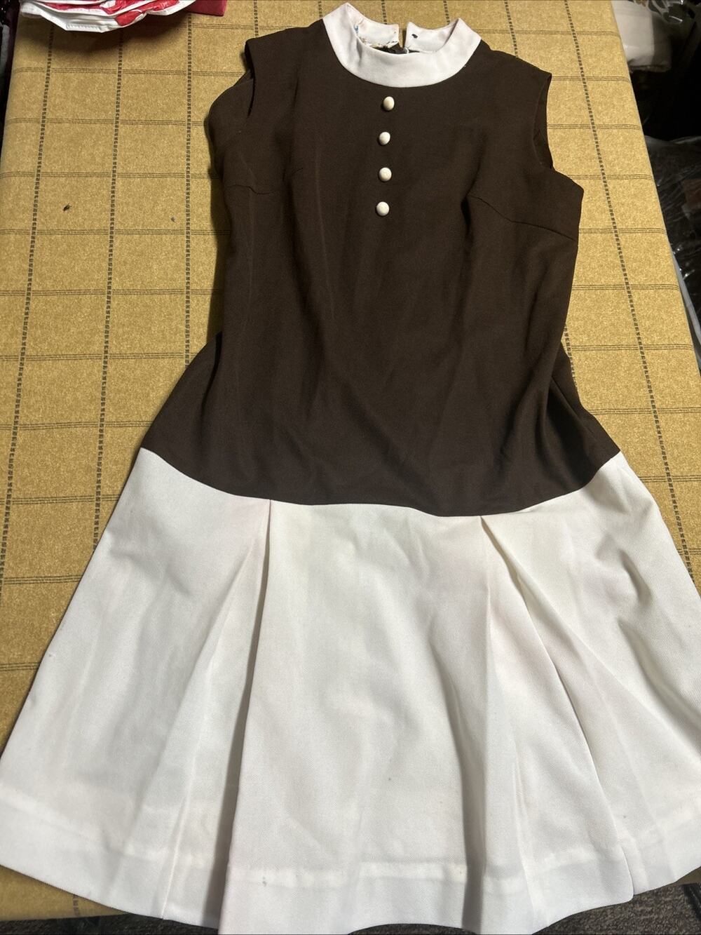 Vintage 1960s Mod Shift Dress | Brown & White Colorblock Pleated Day Dress As-Is